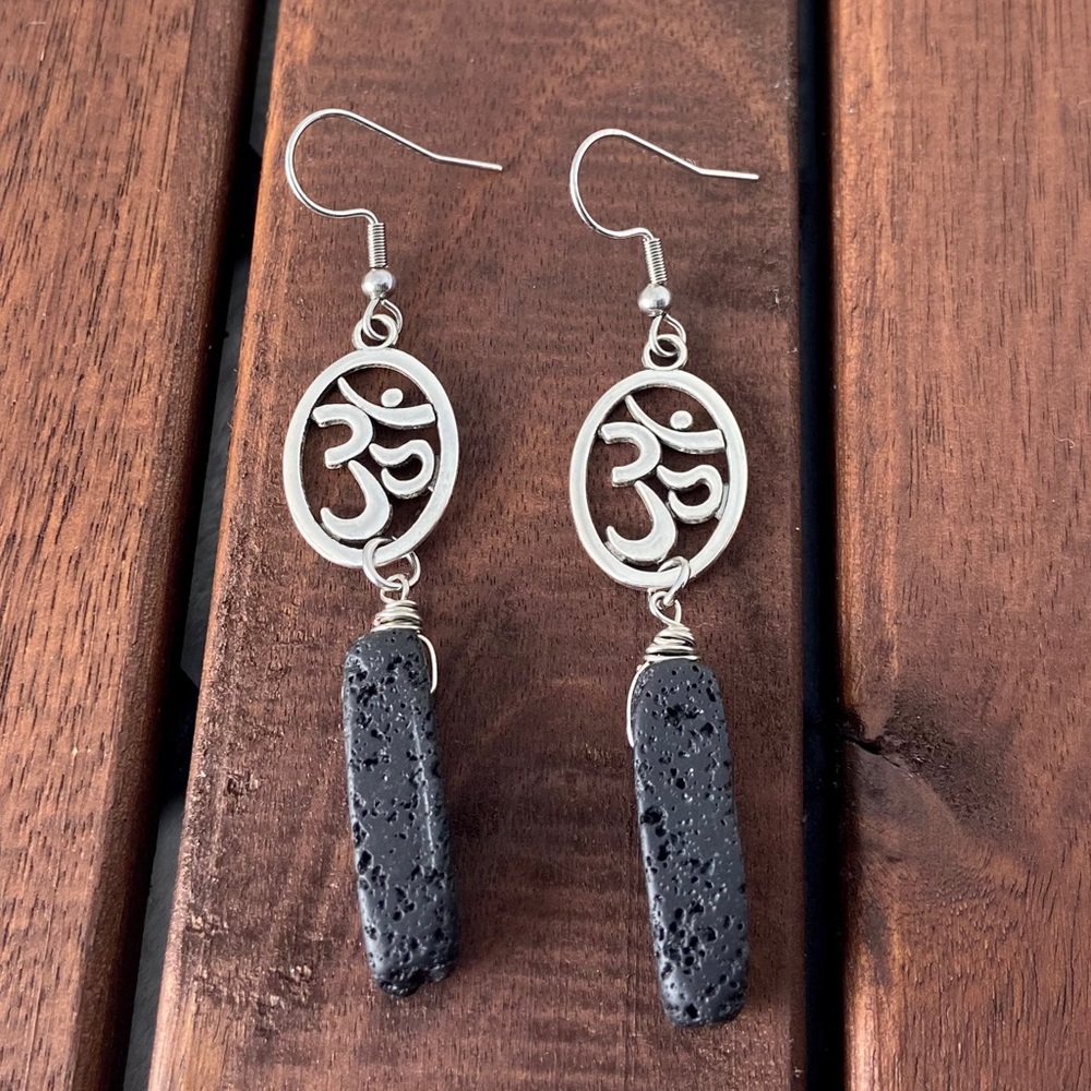 Om sign & black lava rock charms / Handmade oil diffuser dangly boho earrings